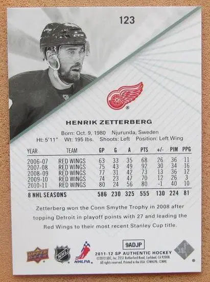 НХЛ Хенрик Зеттерберг Детройт Ред Уингз № 123 1