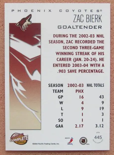 НХЛ Зак Бирк Финикс Койотис № 445 1
