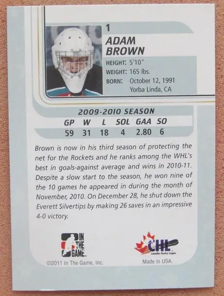 НХЛ Адам Браун Келоуна Рокетс № 1 1