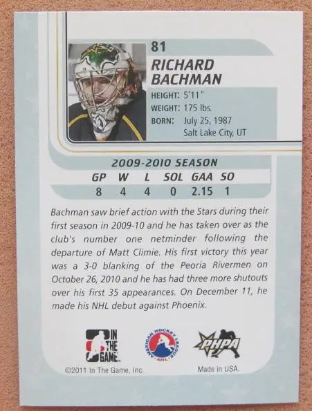 НХЛ Ричард Бахман Техас Старз № 81 1