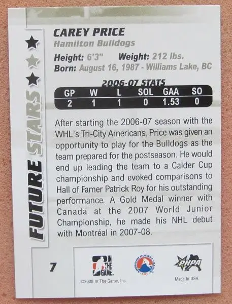 НХЛ Кэри Прайс Гамильтон Булдогс № 7 1