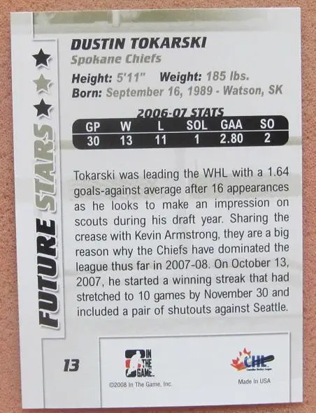 НХЛ Дастин Токарски Спокан Чифс № 13 1