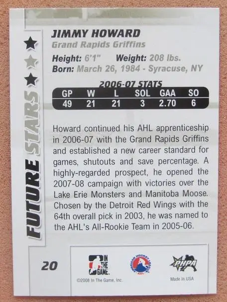 НХЛ Джимми Ховард Гранд-Рапидс Гриффинс № 20 1
