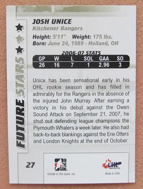 НХЛ Джош Юнис Китчинер Рейнджерс № 27 1