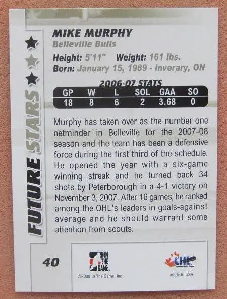 НХЛ Майк Мёрфи Белливелль Булз № 40 1