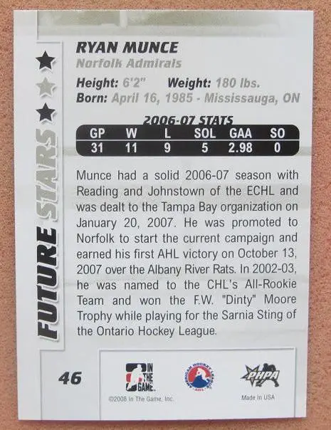 НХЛ Райан Мунсе Норфолк Адмиралс № 46 1