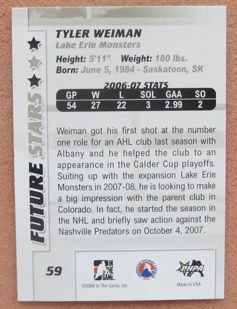 НХЛ Тайлер Вейман Лейк Эри Монстерс № 59 1
