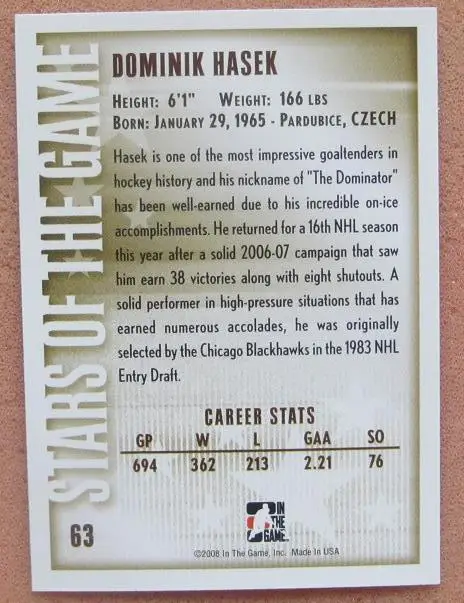 НХЛ Доминик Гашек Детройт Ред Уингз Спартак Москва № 63 1