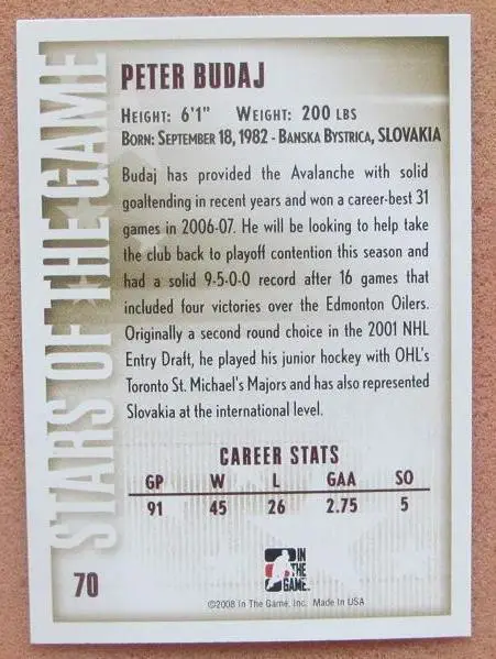 НХЛ Петер Будай Колорадо Эвеланш № 70 1