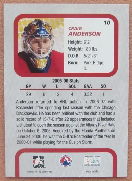 НХЛ Крейг Андерсон Норфолк Эдмиралс № 10 1