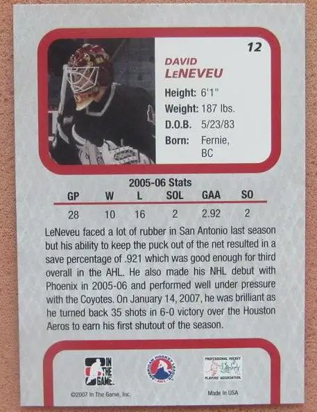 НХЛ Давид Ленево Сан-Антонио Реймпэйдж № 12 1