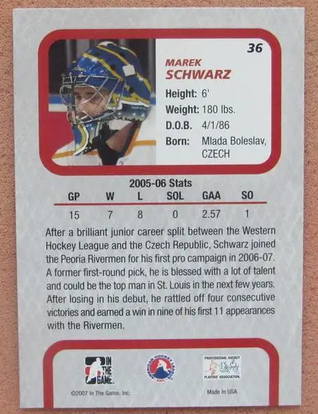 НХЛ Марек Шварц Пеория Ривермен № 36 1