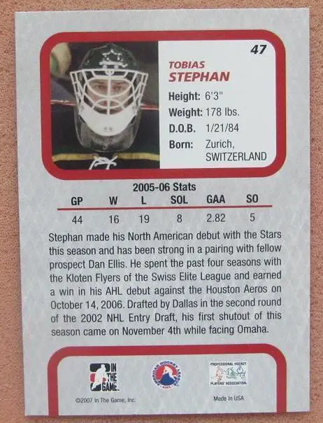 НХЛ Тобиас Штефан Айова Старз № 47 1