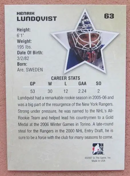 НХЛ Хенрик Лундквист Нью-Йорк Рейнджерс № 63 1