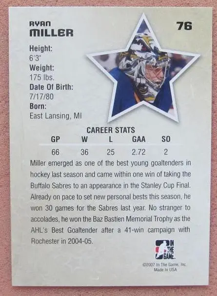 НХЛ Райан Миллер Баффало Сейбрз № 76 1