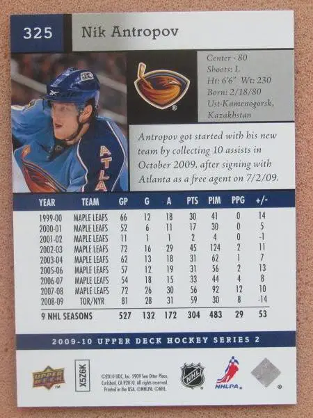 НХЛ Ник Антропов Атланта Трэйшерз Усть-Каменогорск Динамо Москва Казань № 325 1