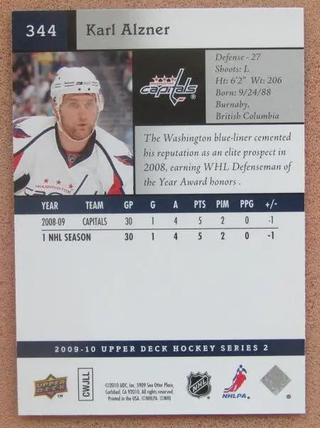 НХЛ Карл Алзнер Вашингтон Кэпиталз № 344 1