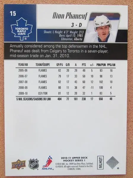 НХЛ Дион Фанеф Торонто Мэйпл Лифс № 15 1