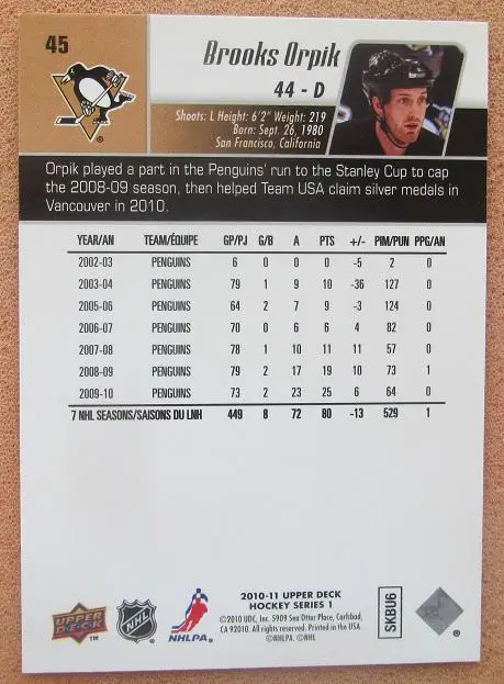 НХЛ Брукс Орпик Питтсбург Пингвинз № 45 1