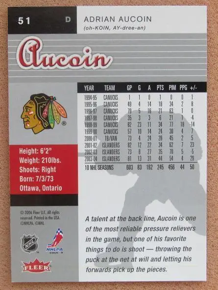 НХЛ Эдриан Окойн Чикаго Блэкхокс № 51 1