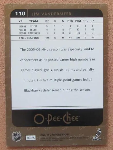 НХЛ Джим Вандермеер Чикаго Блэкхокс № 110 1