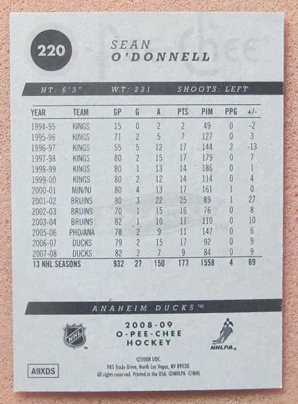 НХЛ Шон О'Доннелл Анахайм Дакс № 220 1