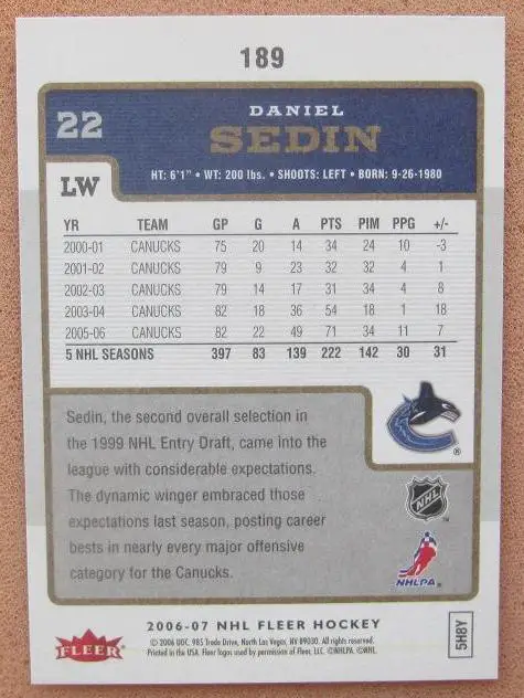 НХЛ Даниэль Седин Ванкувер Кэнакс № 189 1