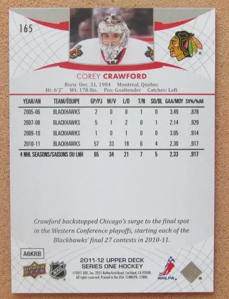 НХЛ Кори Кроуфорд Чикаго Блэкхокс № 165 1