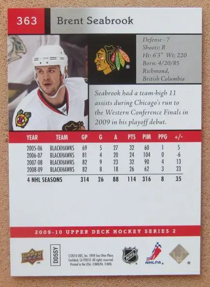 НХЛ Брент Сибрук Чикаго Блэкхокс № 363 1