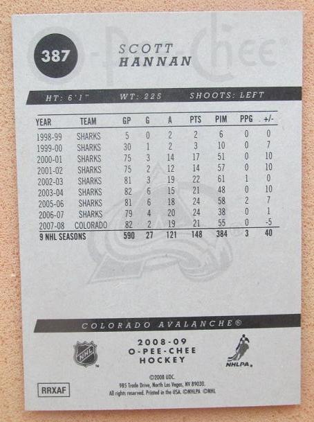 НХЛ Скотт Хэннан Колорадо Эвеланш № 387 1