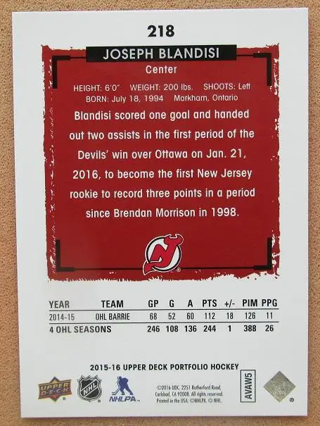НХЛ Джозеф Бландизи Нью-Джерси Дэвилз СКА Санкт-Петербург № 218 1