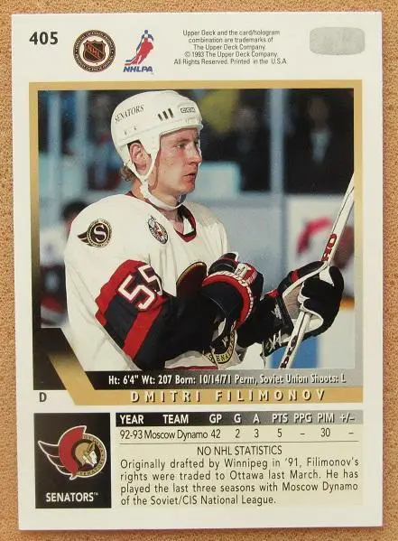 НХЛ Дмитрий Филимонов Оттава Сенаторз Динамо Москва Пермь Череповец № 405 1