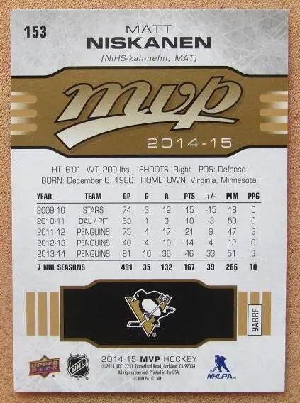 НХЛ Мэтт Нисканен Питтсбург Пингвинз № 153 1