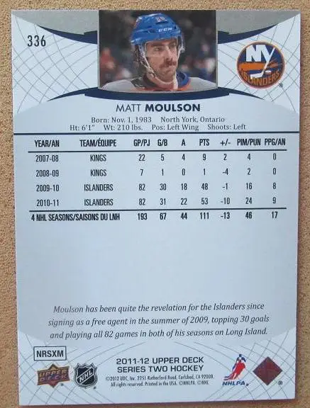 НХЛ Мэтт Моулсон Нью-Йорк Айлендерс № 336 1