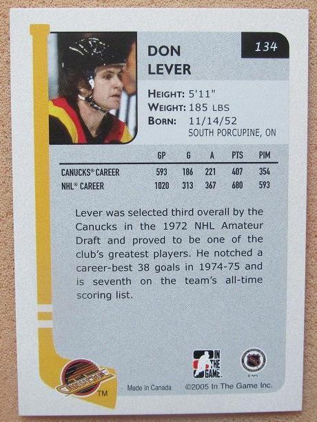 НХЛ Дон Левер Ванкувер Кэнакс № 134 1