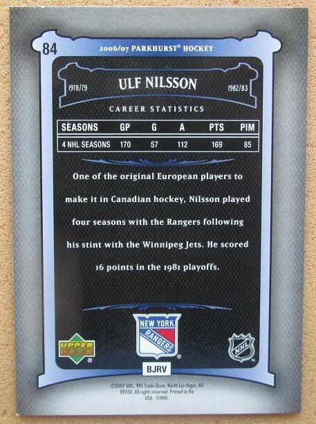 НХЛ Ульф Нильссон Нью-Йорк Рейнджерс № 84 1