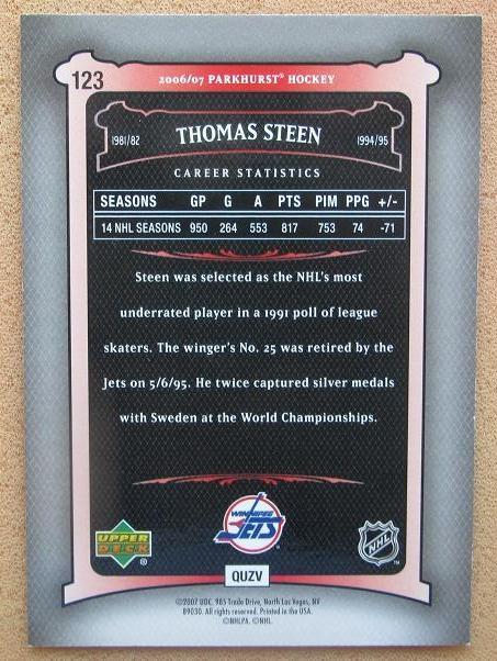 НХЛ Томас Стин Виннипег Джетс № 123 1
