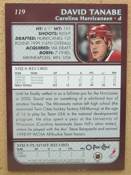НХЛ Дэвид Танабэ Каролина Харрикейнз № 119 1