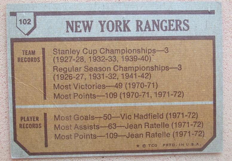 НХЛ Нью-Йорк Рейнджерс сезон 1972-73 № 102 1