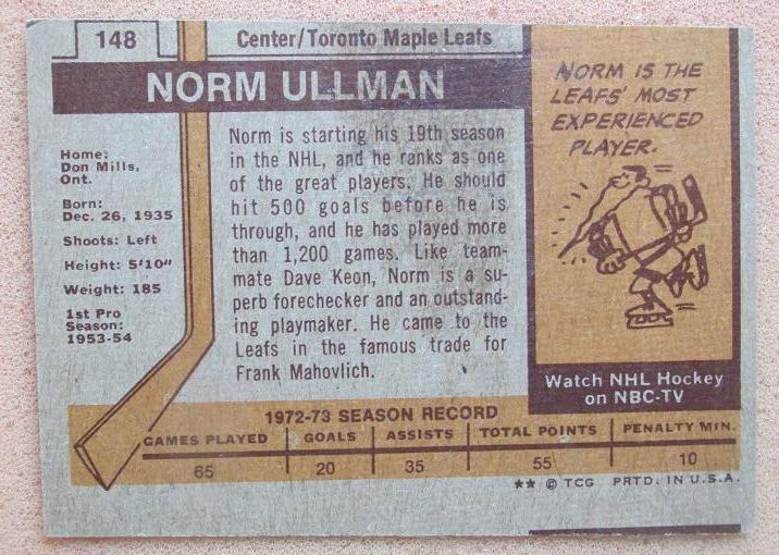 НХЛ Норм Ульман Торонто Мэйпл Лифс № 148 1