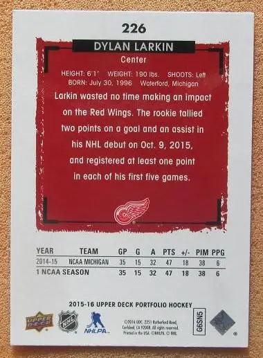 НХЛ Дилан Ларкин Детройт Ред Уингз № 226 1