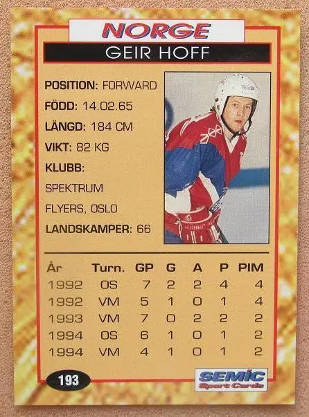 НХЛ Гейр Хофф Норвегия ЧМ 1995 Швеция № 193 1