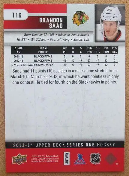 НХЛ Брендон Саад Чикаго Блэкхокс № 116 1