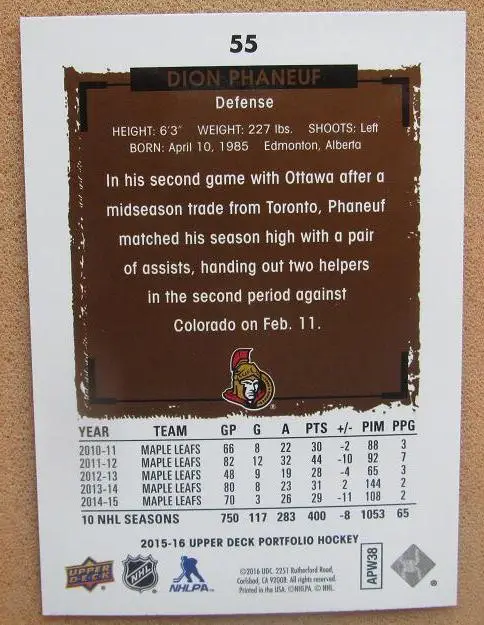 НХЛ Дион Фанеф Оттава Сенаторз № 55 1