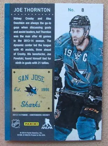НХЛ Джо Торнтон Сан-Хосе Шаркс № 8 1