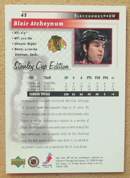 НХЛ Блэр Атченум Чикаго Блэкхокс № 45 1