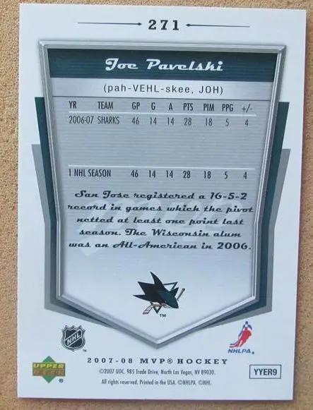 НХЛ Джо Павелски Сан-Хосе Шаркс № 271 автограф 1