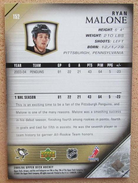 НХЛ Райан Мэлоун Питтсбург Пингвинз № 152 1