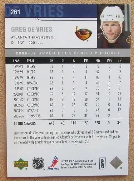 НХЛ Грег Девриз Атланта Трэйшерз № 261 1