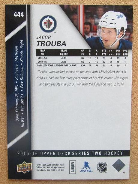 НХЛ Джейкоб Труба Виннипег Джетс № 444 1